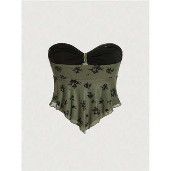 Women's Floral Strapless Tie Front Top Green - Picture 2 of 4